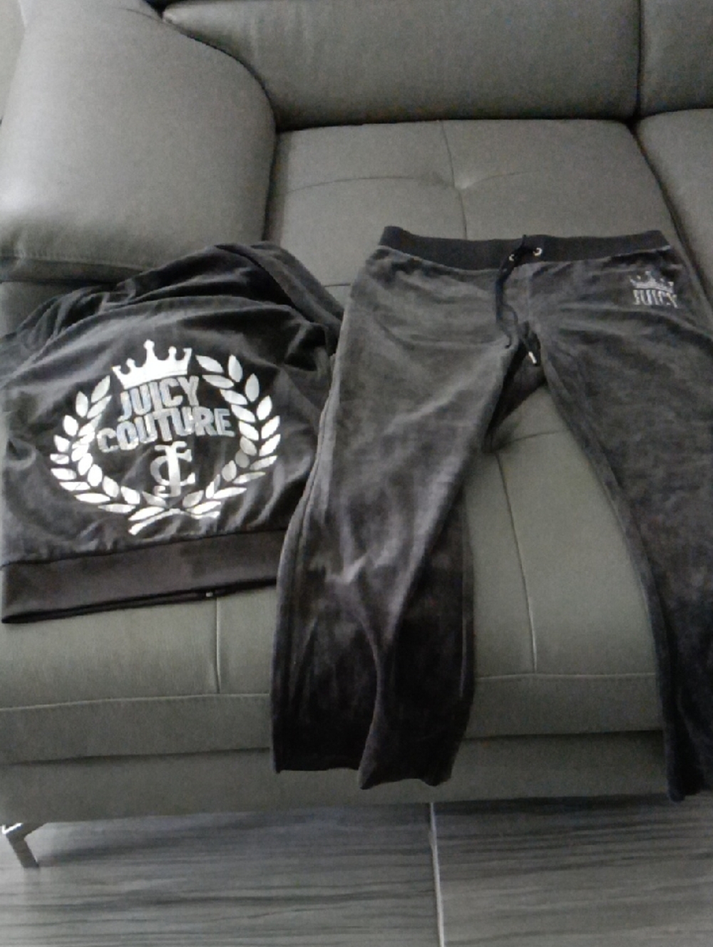 Juicy Couture Dark Gray Velour Tracksuit with Silver Crest